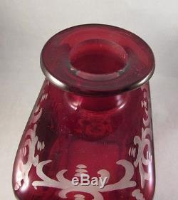 Antique Bohemian ruby glass cut to clear decanter with deer