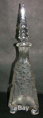 Antique Bohemian-style Cut Glass Acid-etched Triangular Decanter Extra Tall