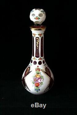 Antique Bohemian white overlay cut to clear enamel decanter set end 19th century