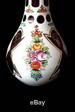 Antique Bohemian white overlay cut to clear enamel decanter set end 19th century