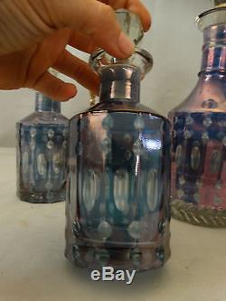 Antique CUT to CLEAR Liquor Bottle IRIDESCENT GLASS Silver P. Caddy DECANTER SET