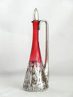 Antique Cranberry & Clear Glass Crystal Decanter Cordials Sterling Silver Trim