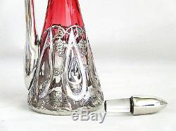 Antique Cranberry & Clear Glass Crystal Decanter Cordials Sterling Silver Trim