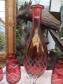 Antique Cranberry Cut Wine Decanter 4 Glasses + 1 Tiny Glass Insect Mk Gold Glow
