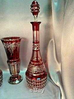 Antique Cranberry Cut to Clear Bohemian Art Glass Moser Etched Decanter Vase Set