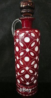 Antique Cranberry Overlay White Milk Blown Cut Art Glass Decanter