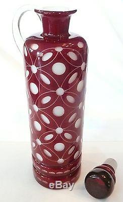 Antique Cranberry Overlay White Milk Blown Cut Art Glass Decanter