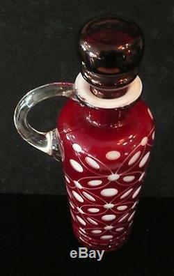 Antique Cranberry Overlay White Milk Blown Cut Art Glass Decanter