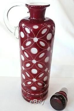 Antique Cranberry Overlay White Milk Blown Cut Art Glass Decanter