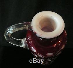 Antique Cranberry Overlay White Milk Blown Cut Art Glass Decanter