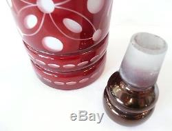 Antique Cranberry Overlay White Milk Blown Cut Art Glass Decanter