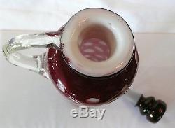 Antique Cranberry Overlay White Milk Blown Cut Art Glass Decanter