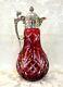 Antique Cut Glass Cranberry Claret Jug With Silver Plated Mount And Hinged Lid