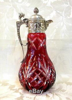 Antique Cut Glass CRANBERRY CLARET JUG with Silver Plated Mount and Hinged Lid