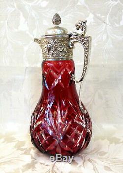 Antique Cut Glass CRANBERRY CLARET JUG with Silver Plated Mount and Hinged Lid