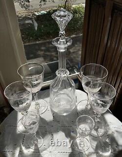 Antique Cut Glass Decanter & Wine Glasses (18Pcs) Poss. Early Dorflinger St. Louis