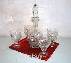 Antique Cut Glass Floral Gold Set of 4 Wine Glasses With Ewer Decanter Rare