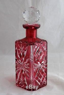 Antique Cut Glass Red Cranberry Crystal Whiskey Square Decanter