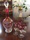 Antique Cut To Clear Ruby Red Decanter Set Six Glasses