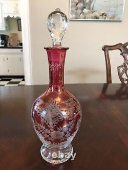 Antique Cut to Clear Ruby Red Decanter Set Six Glasses