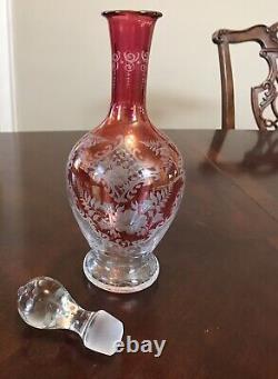 Antique Cut to Clear Ruby Red Decanter Set Six Glasses