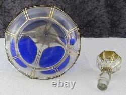 Antique Czech Bohemian Cobalt Blue Cut to Clear Cabochon Crystal Decanter Set
