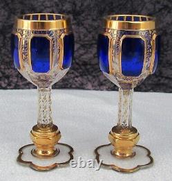 Antique Czech Bohemian Cobalt Blue Cut to Clear Cabochon Crystal Decanter Set