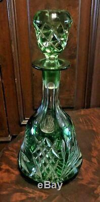 Antique Czech / Bohemian Emerald Green Cut To Clear Art Glass Decanter