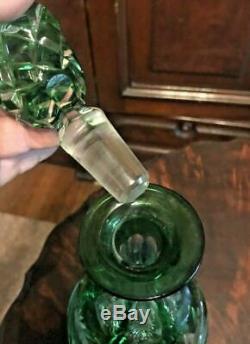 Antique Czech / Bohemian Emerald Green Cut To Clear Art Glass Decanter