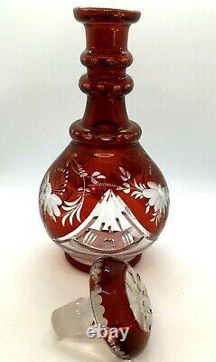 Antique Czech Bohemian Ruby Red Etched and Cut to Clear Crystal Decanter