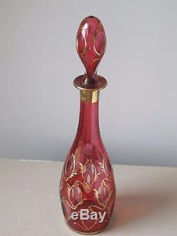 Antique Czech Bohemian Venetian Cranberry Cut to Clear Glass Decanter Gold Trim