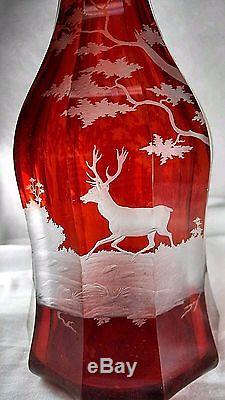 Antique Czechoslovakia Bohemia Cut Red Glass Wine Decanter 14.25 With Deer