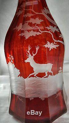 Antique Czechoslovakia Bohemia Cut Red Glass Wine Decanter 14.25 With Deer