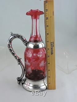 Antique Decanter Bottle Jug Silver Plate Cranberry Cut Clear Glass Grapevine