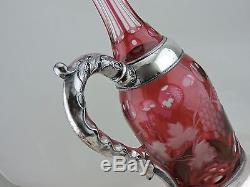 Antique Decanter Bottle Jug Silver Plate Cranberry Cut Clear Glass Grapevine