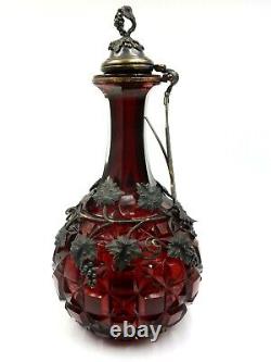 Antique E & Co LD Victorian Cut Ruby Glass Silver Over Brass Overlay Decanter