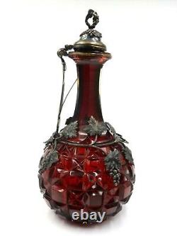 Antique E & Co LD Victorian Cut Ruby Glass Silver Over Brass Overlay Decanter