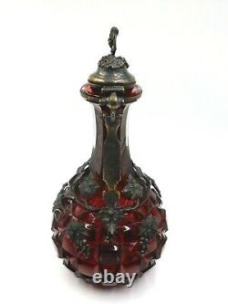 Antique E & Co LD Victorian Cut Ruby Glass Silver Over Brass Overlay Decanter