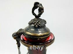 Antique E & Co LD Victorian Cut Ruby Glass Silver Over Brass Overlay Decanter