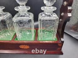 Antique English 19c Triple Inlaid Wood Tantalus With Cut Glass Liquor Decanters