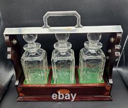 Antique English 19c Triple Inlaid Wood Tantalus With Cut Glass Liquor Decanters