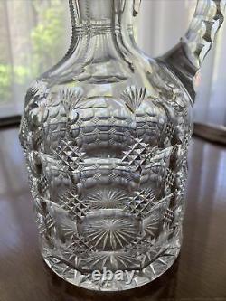 Antique English Cut Crystal Spouted Pitcher Jug Etched Decanter Handle Stopper