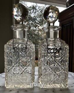 Antique English Cut Glass Cane Pattern Decanter (2) Sterling Hang Tags 1880-1900