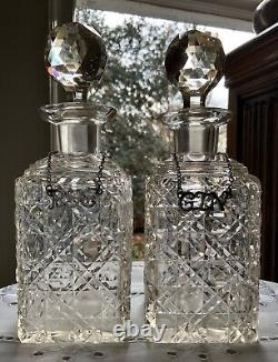 Antique English Cut Glass Cane Pattern Decanter (2) Sterling Hang Tags 1880-1900