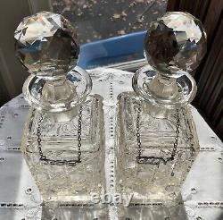 Antique English Cut Glass Cane Pattern Decanter (2) Sterling Hang Tags 1880-1900