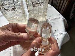 Antique English Cut Glass Cane Pattern Decanter (2) Sterling Hang Tags 1880-1900