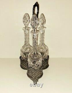 Antique English Silverplate Cut Crystal 3 Decanter Tantalus Liquor Caddy EUC