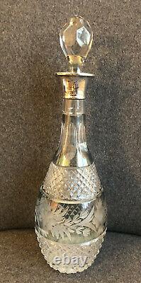 Antique English Sterling Silver Crystal Aqua Cut to Clear Tall Decanter Bottle