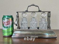 Antique English Tantalus By Betjemann, Cut Glass Decanters & Silverplate Holder