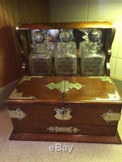 Antique English Tantalus, C. 1870 Liquor case with 3 cut glass decanters